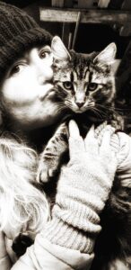 In the studio with pet cat, black and white image, nz 2019